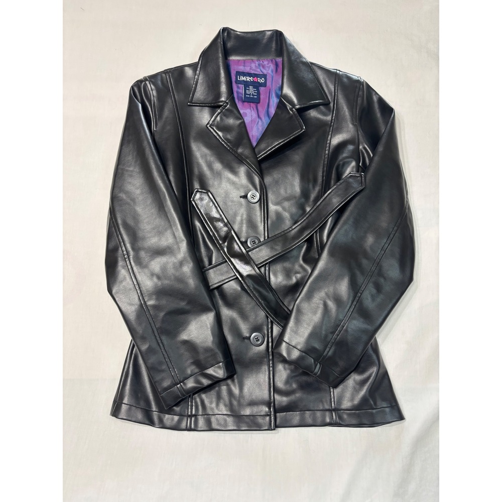 Vintage Limited Too Black Faux Leather Belted Jacket Y2K Iridescent Lining L